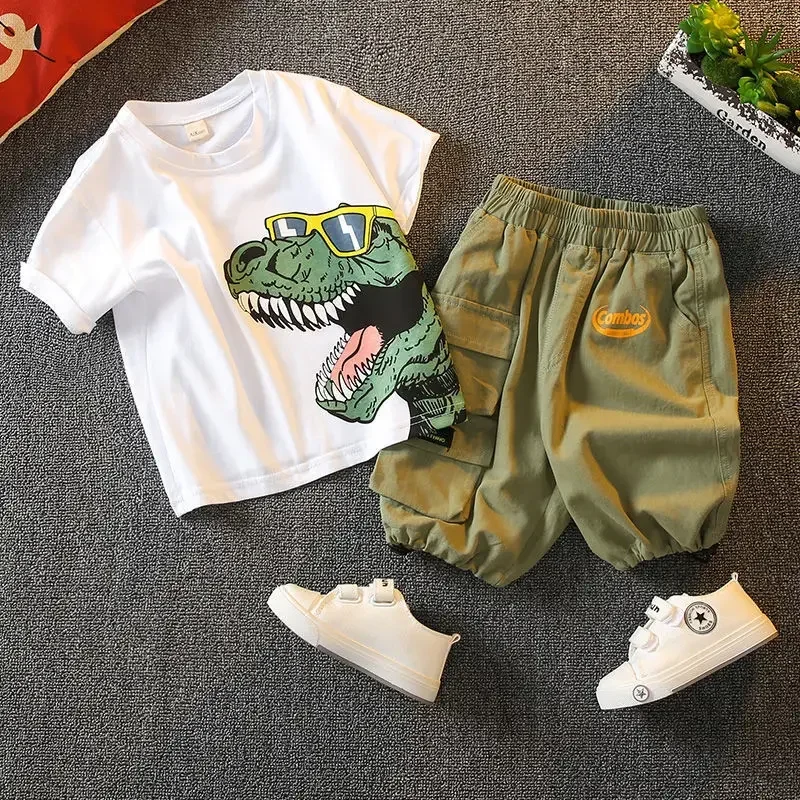 Summer Baby Boy Clothes Set Boys Pure Cotton Dinosaur Print Short Sleeve 2-piece Set Cozy Children\'s Clothing