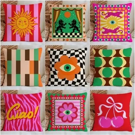 1pc Boho Throw Pillow Cover Polyester 2D Double‑Sided Print Sun Evil Eye Cherry Geometric Cushion Case for Sofa Living Room Aest