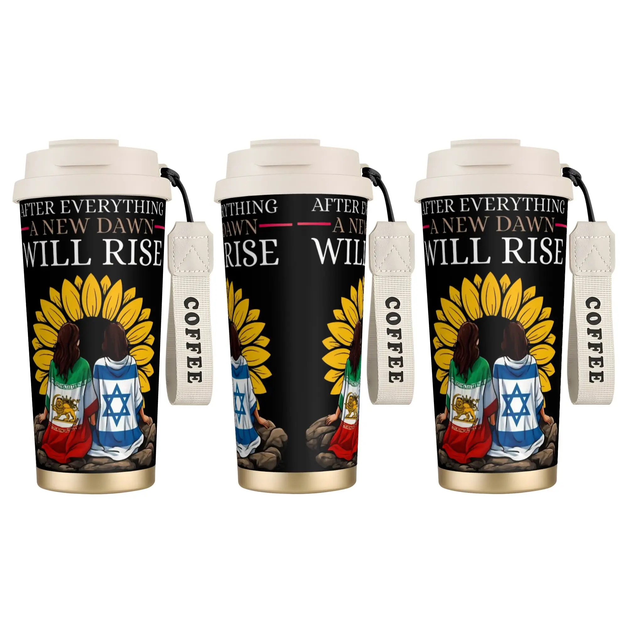 

Iran Israel Peace Sunflower New Dawn Will Rise Lion and Sun 316 Stainless Steel Tumbler Travel Thermal Cup Large Coffee Cups