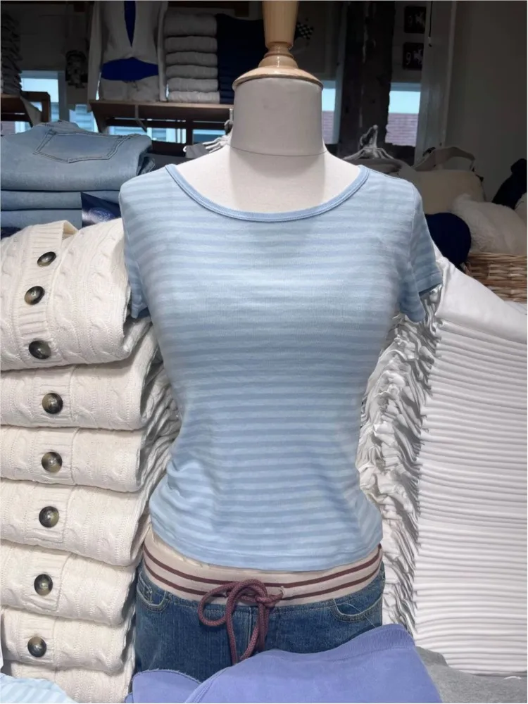 Blauw gestreepte slanke T-shirts voor dames met ronde hals en korte mouwen, slanke T-shirts, zomer, casual, vintage, zoete katoenen T-shirt, Y2k tops - afbeelding 2