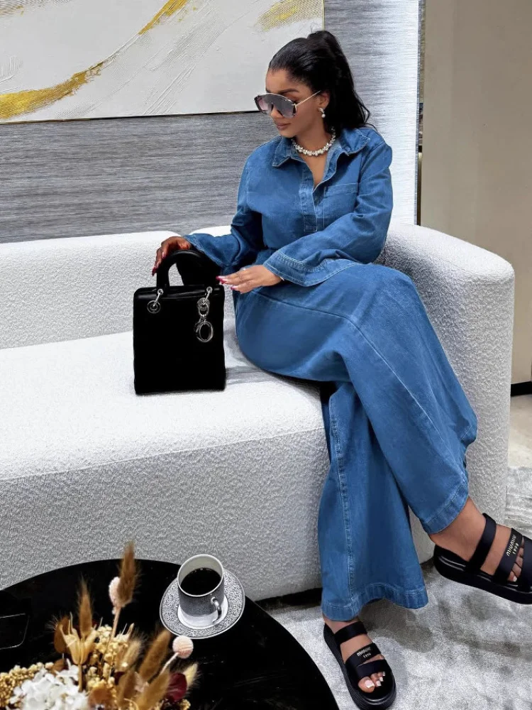 

Женский джинсовый комплект Long Sve с отложным воротником, прямые брюки, состоящие из двух частей, хлопок, весенний сезон, застежка на пуговицы