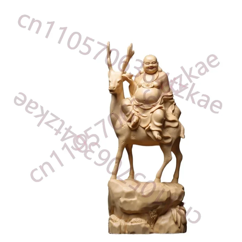 Hand-Carved Cypress Maitreya Riding Deer Statue - 11.8