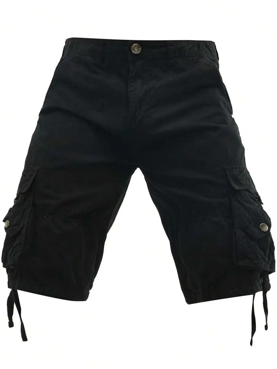 

Mens Black Cotton Cargo Shorts With Adjustable Drawstrings, Large Flap Pockets, Breathable Regular Fit For Outdoor And Casual