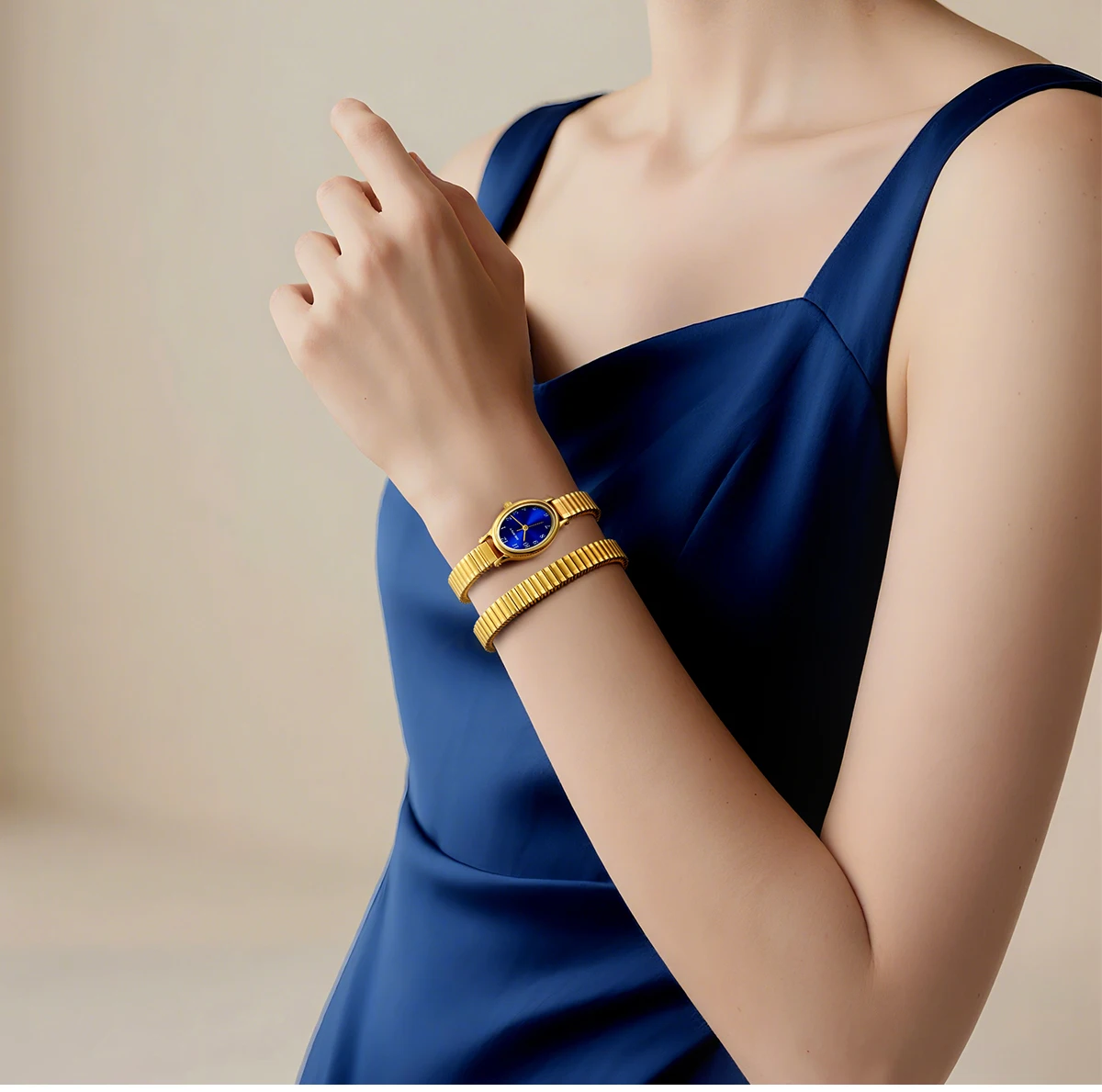 BERNY Goldene Uhren für Damen, luxuriöses goldenes elastisches Armband, elegante, leicht ablesbare Damenuhr, Stretch-Armband, Kleiderarmbanduhr – Detail 15