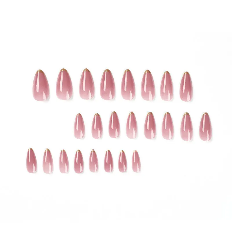 24pcs/box wearable nude pink French gold edge glitter manicure medium water drop shape fake nails