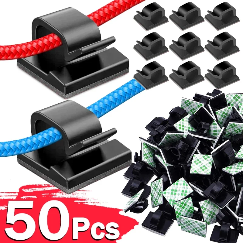 50X Strong Viscosity Cable Clips Wire Management Cord Organizer Adhesive Cable Holder Clamp Tie for Home Office Wall Car Desk