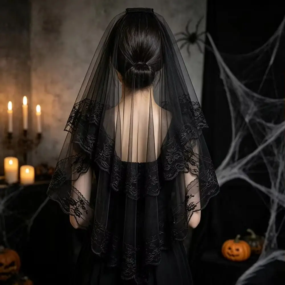 Classic Two-Tier Lace Veil Lace Edge Black Tulle Veil Floral Lace Trim Gothic Veil For Wedding Bride