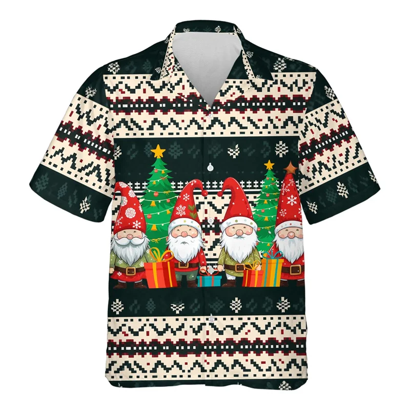 Cute Reindeer Santa Claus Graphic Hawaiian Shirt Men Christmas 3D Printed Aloha Shirts Casual Holiday Party Short Sleeve Blouses