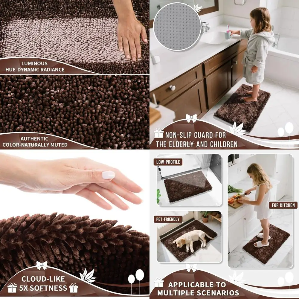 

Thick 70x24 Chenille Bath Rug, Soft & Absorbent, Non-Slip, Machine Washable, Quick-Dry for Bathroom, Tub, Shower, Brown