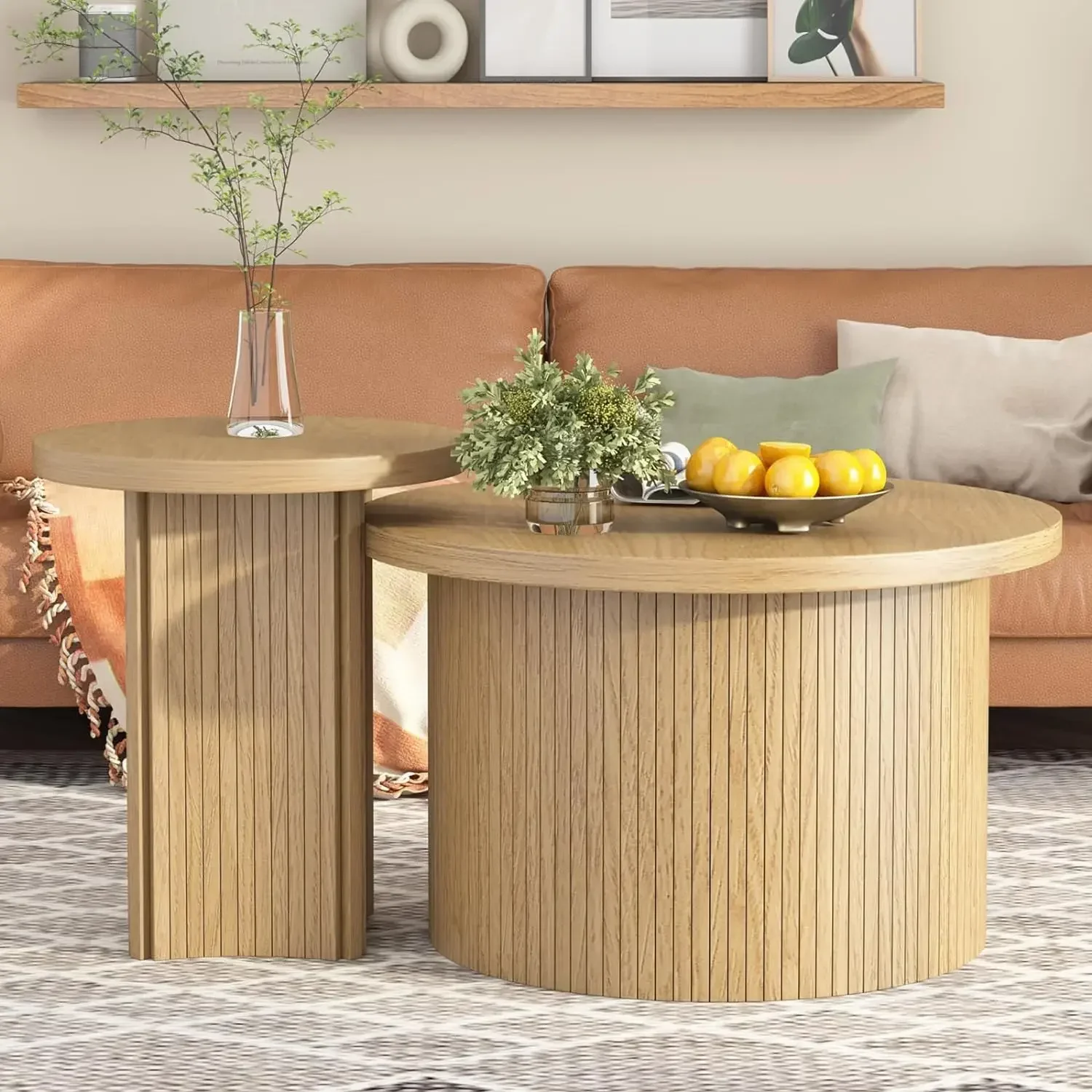 Nesting Coffee Table Set of 2, Modern Round Coffee Table, Circle Side Table, Round Wooden Coffee Table for Living Room, Office