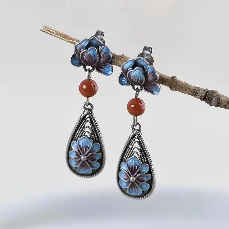 

Женские серьги с цветком пиона, синие эмалированные серьги в этническом стиле, полые серьги из южного красного турмалина с круглыми бусинами, ювелирные изделия
