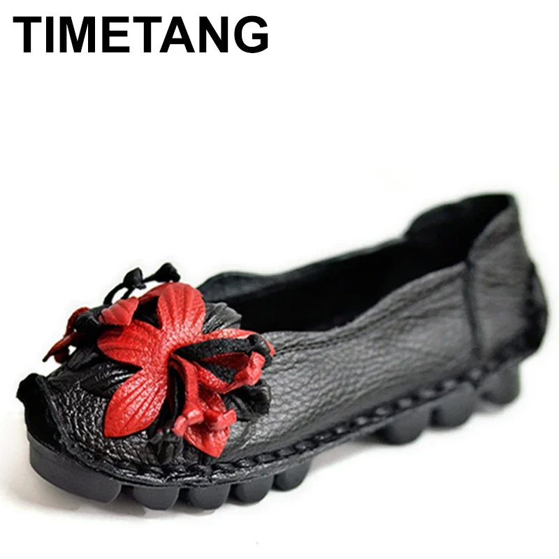 TIMETANGWomen Shoes Handmade Genuine Leather Casual Shoes Women Floral Solid Flat Shoes Vintage Cow Leather Loafers S Woman