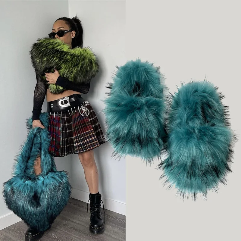 2023 New Raccoon Fur Slippers Plus Size Women\'s Shoes High-end Plush Home Slippers Ladies Shoes Slung Plush Love Bag Slipper Set