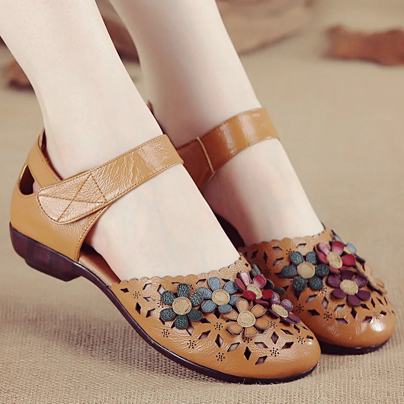 Retro floral apartamentos sandálias de luxo designer feminino recorte mary jane sapatos senhoras couro genuíno sandálias planas com alça