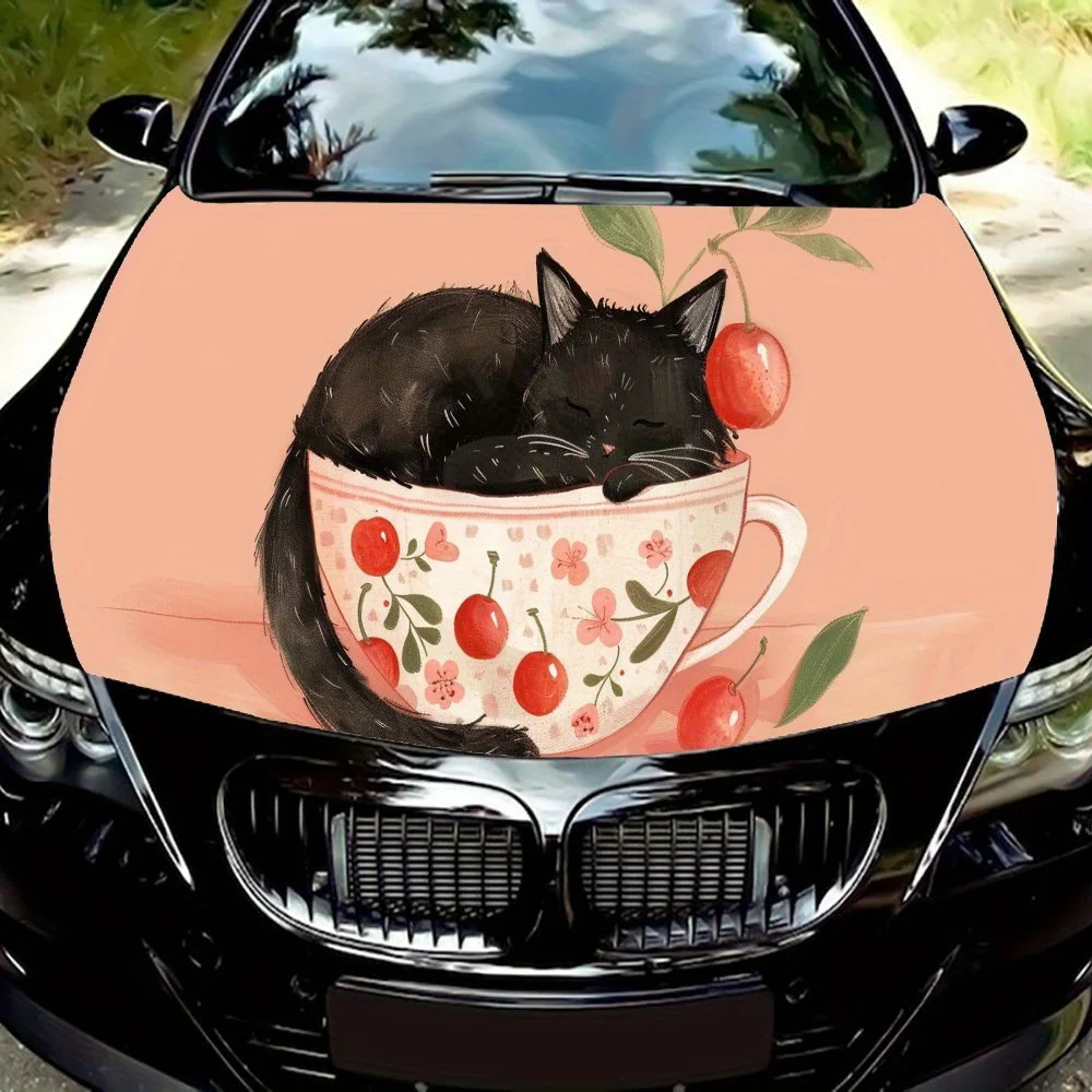Sweet - sleeping Cat in Cup Pattern car hood stickers, waterproof self-adhesive, scratch resistant, easy to stick, durable car P
