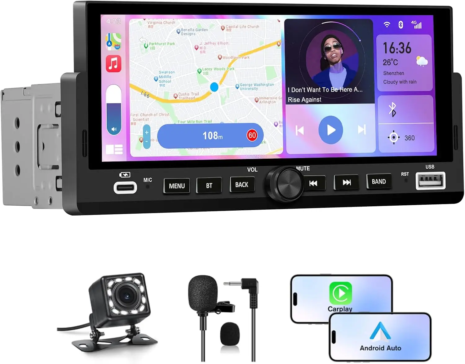 6.86' Car Stereo with Wireless CarPlay, Android Auto, Bluetooth, Backup Camera, USB-C, FM, EQ
