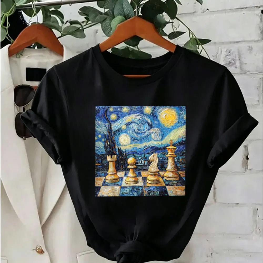 Funny Chess Van Gogh Starry Night T-Shirt Chess Lover Clothes Loose Tops Short Sleeve O Neck Tshirt Streetwear Clothes