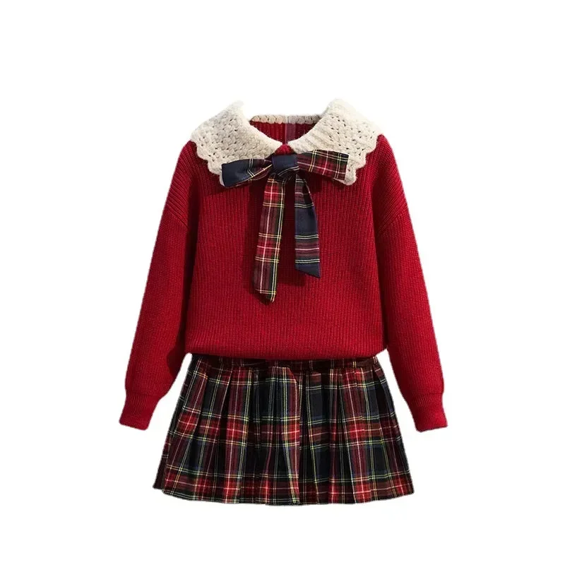 Teenage Girls JK Suit Clothing Winter Children Knitted Lapel Sweater Plaid Pleated Skirt Autumn School Clothes Trend