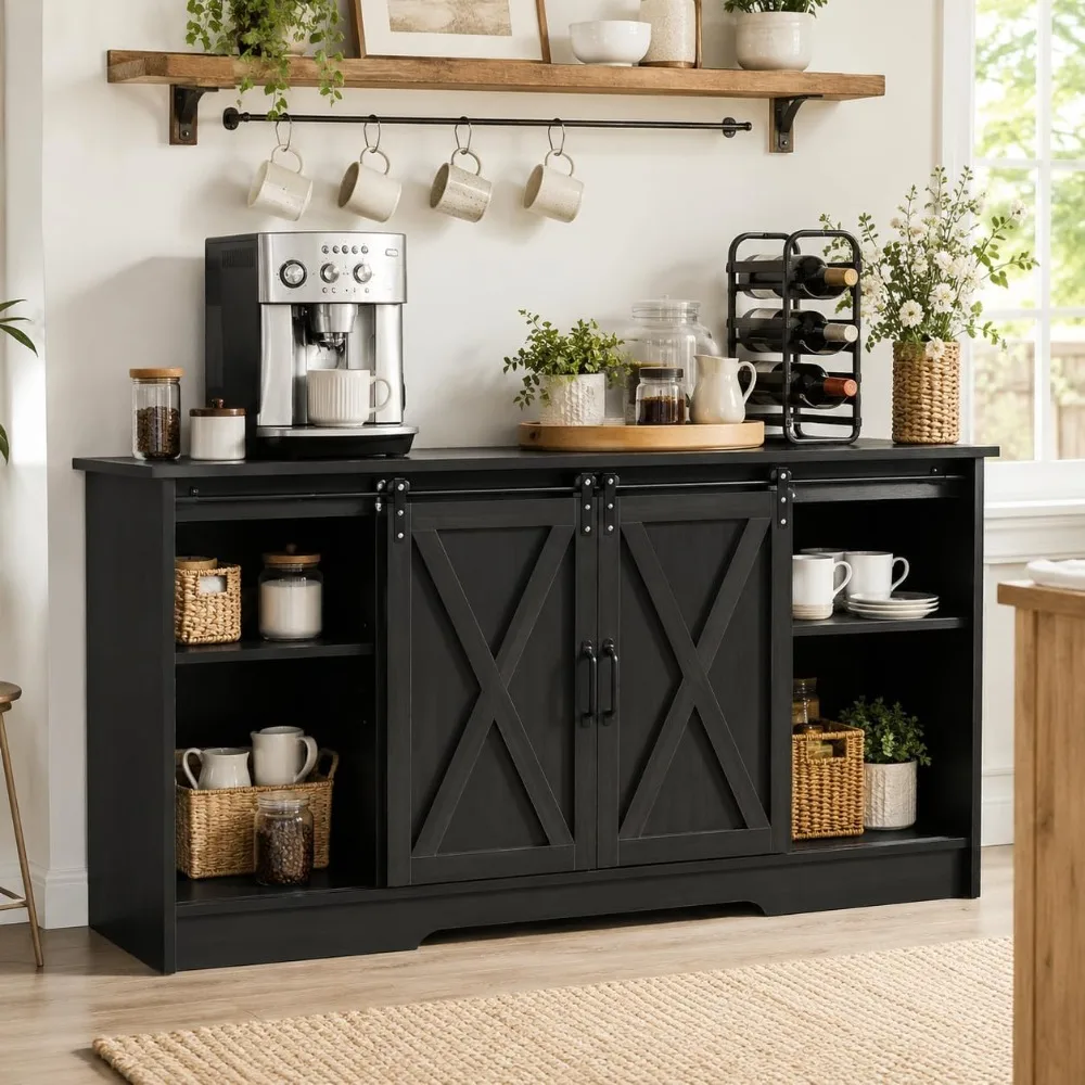 Farmhouse Coffee Bar Cabinet with Sliding Doors & Adjustable Shelves