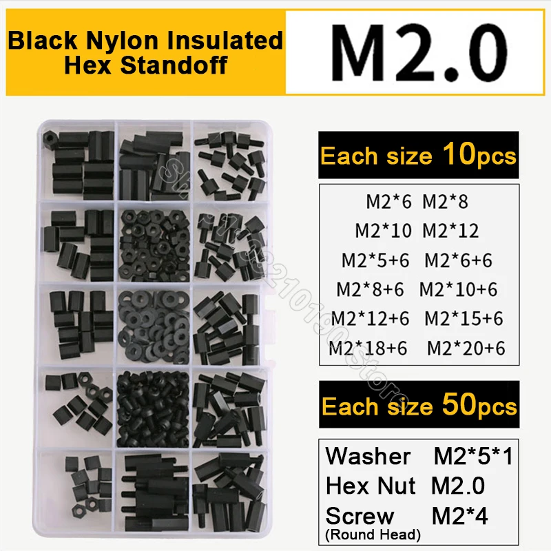 270Pcs M2 Black Hex Nylon Standoff Spacer Column Flat Head Nylon Plastic Insulation Spacing PCB Pillar Screw Nut Assortment Kit