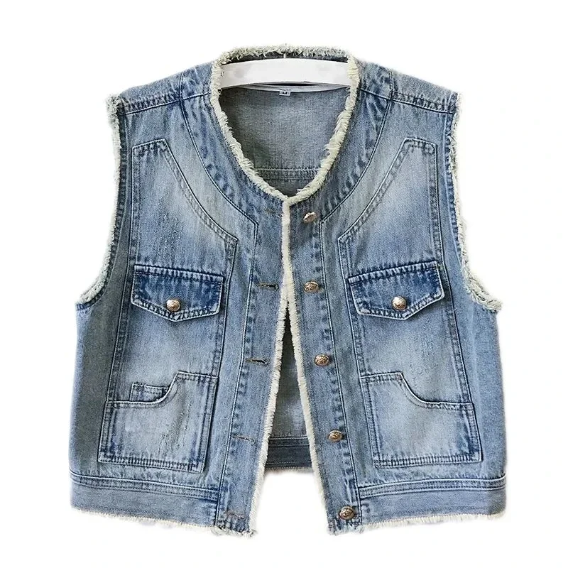 New Women's Denim Vest Jacket 2024 Spring And Summer Temperament Short Ladies Coat Casual Sleeveless Female Cowboy Horse Clip