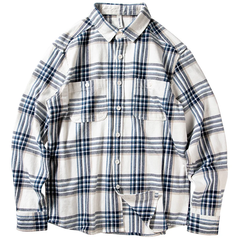 

Japanese Tooling Style Pure Cotton Plaid Shirt Tops Casual Men's Long Sleeved Loose Versatile Double Pocket Shirt Jacket