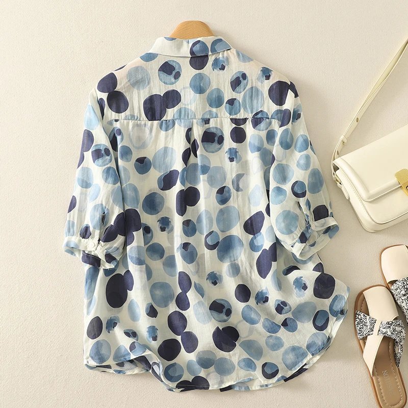 

Blue Polka Dot Loose Women's irt Thin Fre Print Summer Straight Tube ort Sve Polyester Cotton Blend Casual Top