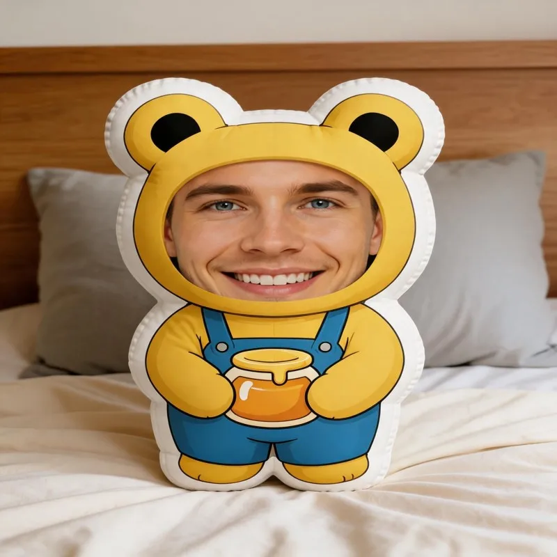 Custom Face Funny Shaped Pillow, Yellow Bear Costume And Honey Pot Personalized Photo Decorative Cushion, Unique Home Decor Gift