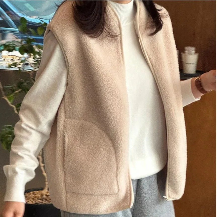 Gilet Chic en fourrure d'agneau pour automne et hiver, Jaet décontracté, polyvalent, chaleur, petit ence, Design sens, fermeture à glissière en Fiber de Polyester
