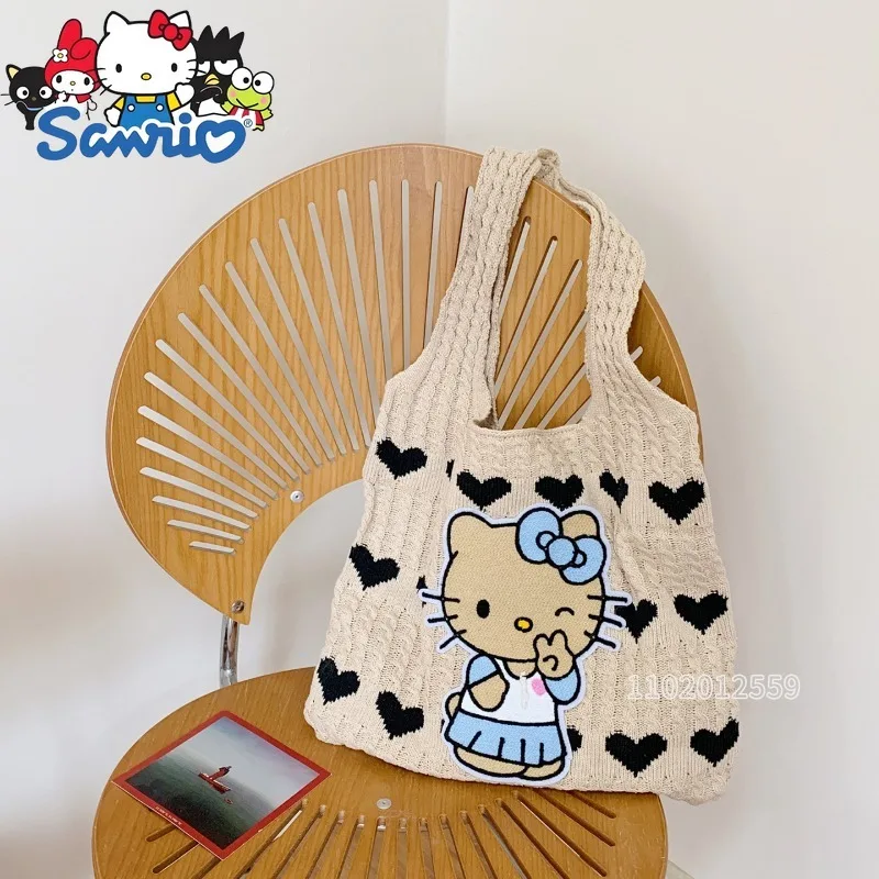 Sanrio Hello Kitty New Woven Women's Handbag Cartoon Cute Woven Women's Shoulder Bag Large Capacity Fashion Casual Women's Bag