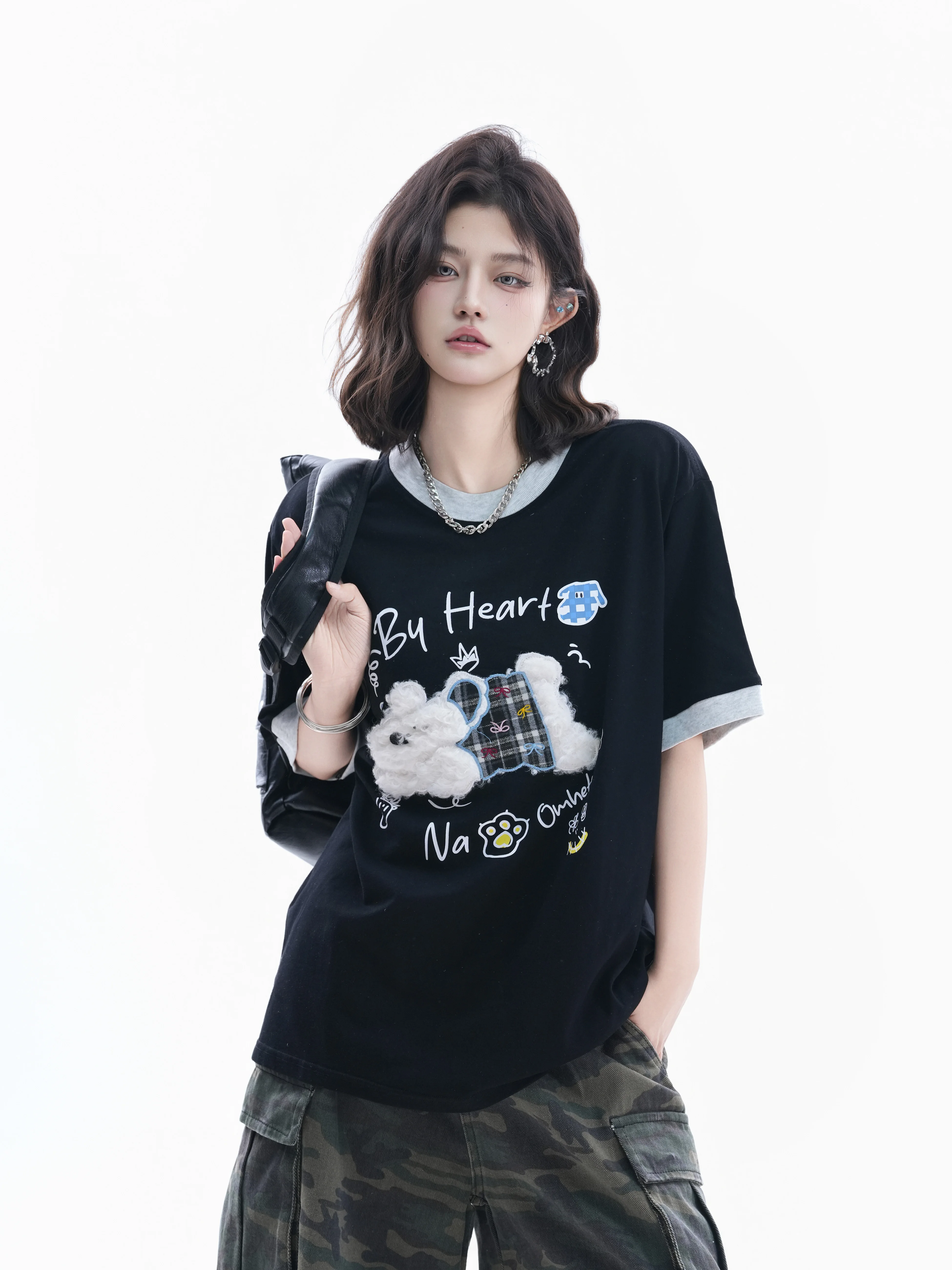 Small Ball American Style Bear Embroidery Short Sleeve T-Shirt Women's Casual Loose Fit Cotton round Neck Sporty Top