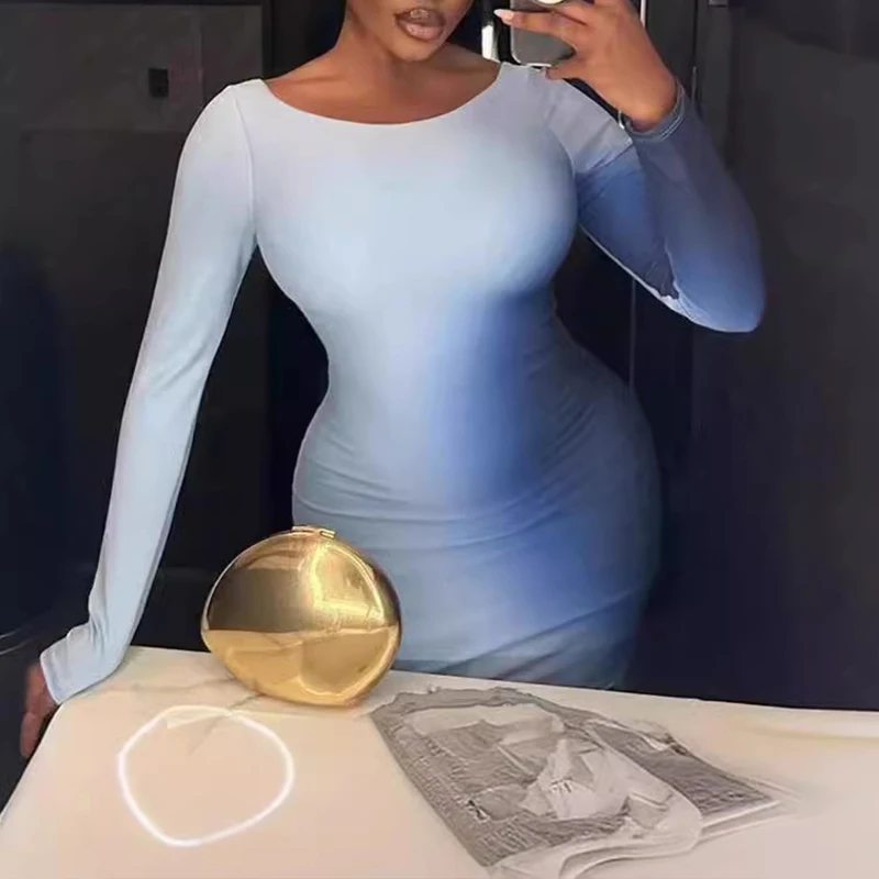 OMSJ 2024 Blue Gradient Color Basic Sexy Dress Round Neck Long Sleeved High Waisted Skinny Fashion Pullover Short Dress Clubwear