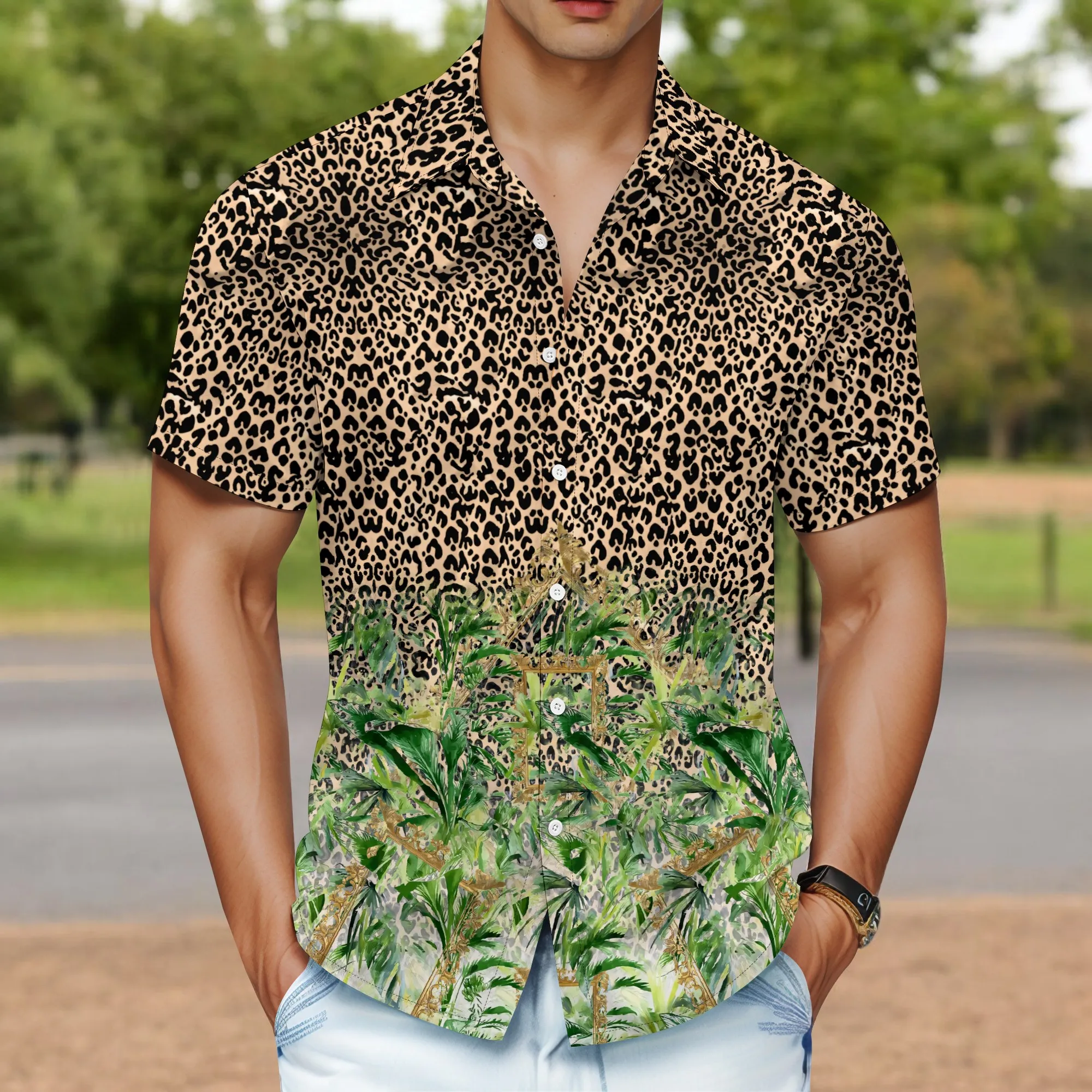 

YEAE Men's Grey Geometric Shirt 100% Cotton Short Sleeve Casual Vacation Summer Chic