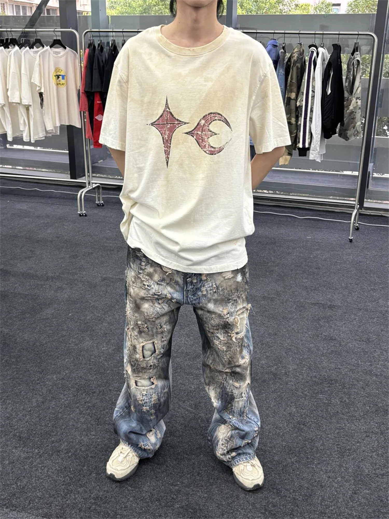 

Thug Club VIBE Brand Fashion 25SS New Old Distressed Casual Oversized Cotton Loose Tops T-Shirt For Men