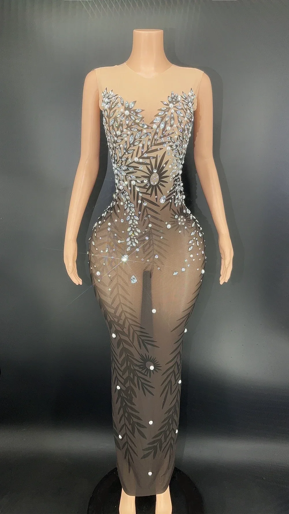 New Celebrate Evening Prom Birthday Dress Sparkly Rhinestones Sleeveless Long Dress Sexy Mesh Transparent Show Stage Wear