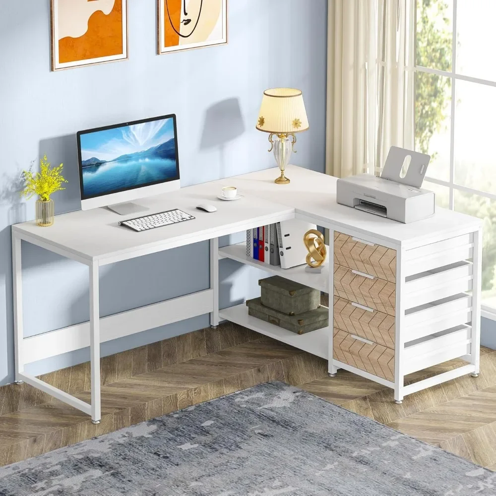 

L Shaped Computer Desk with Storage Drawers, 59 inch Corner Desk with Shelves, Reversible L-Shaped Office Desk Study
