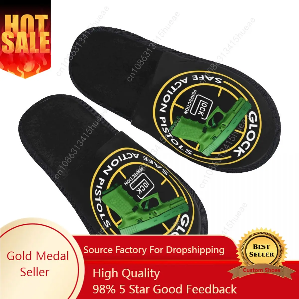 

Cool Glock 19 Guest Slippers for Hotel Women Custom Print USA Handgun Pistol House Slipper