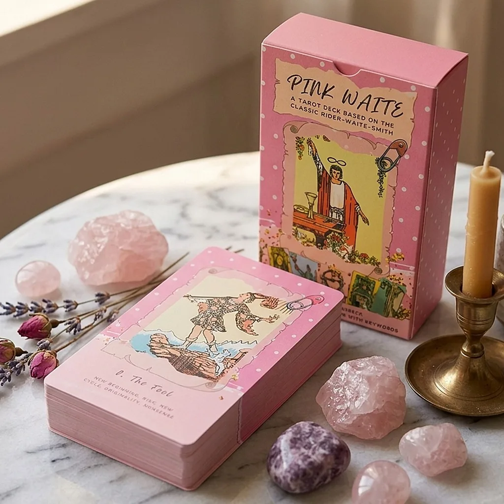 Tarot Rose Waite, Jeu de cartes de tarot rose rêveur, 12*7cm, 78 cartes de tarot esthétiques Kawaii avec significations, doublement gaufrées