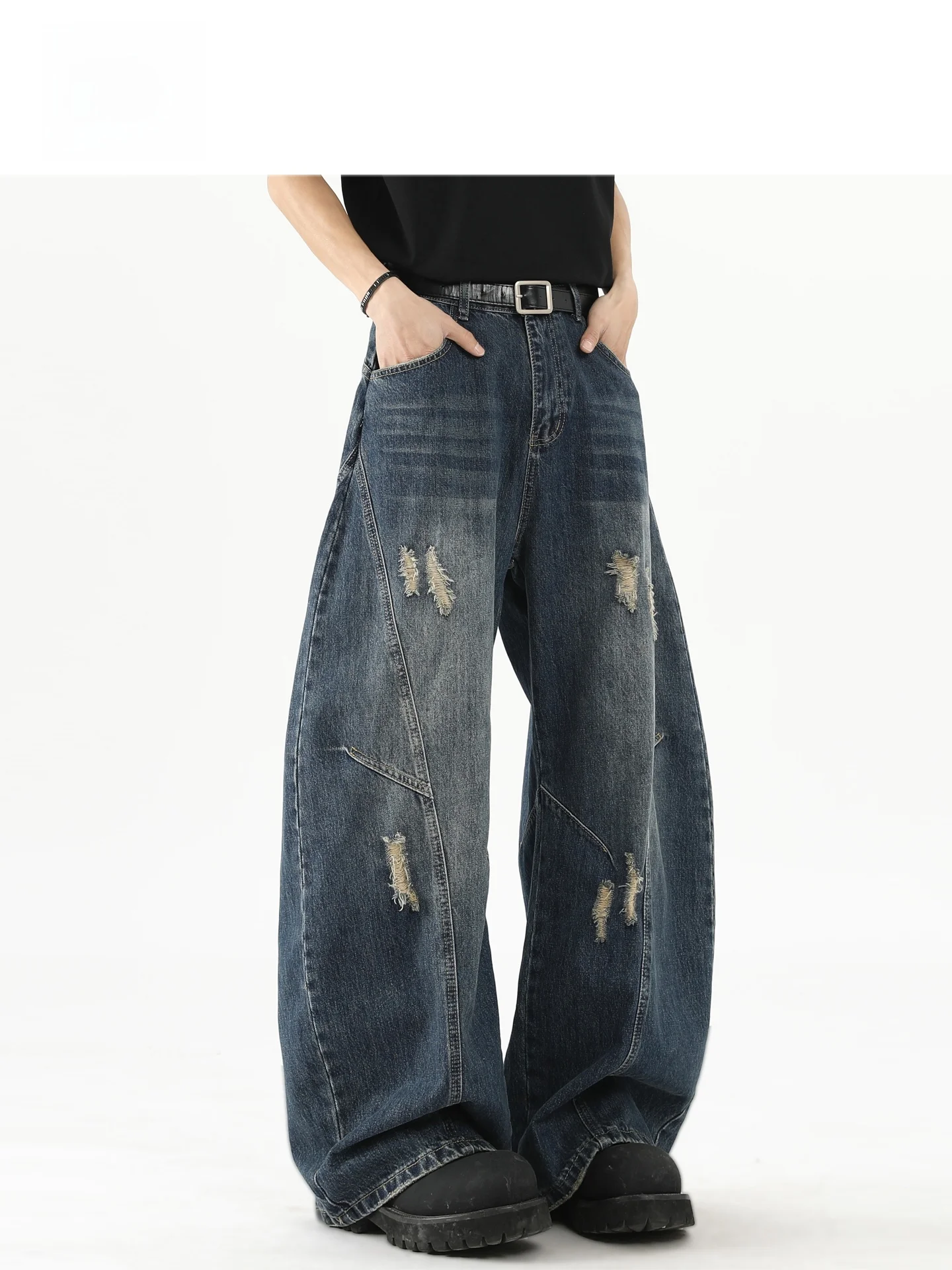 American Retro Deconstructed Patchwork Hole Denim Pants Men Design Sense Loose Wide Leg Knife Pants Casual Wear Cotton Blend