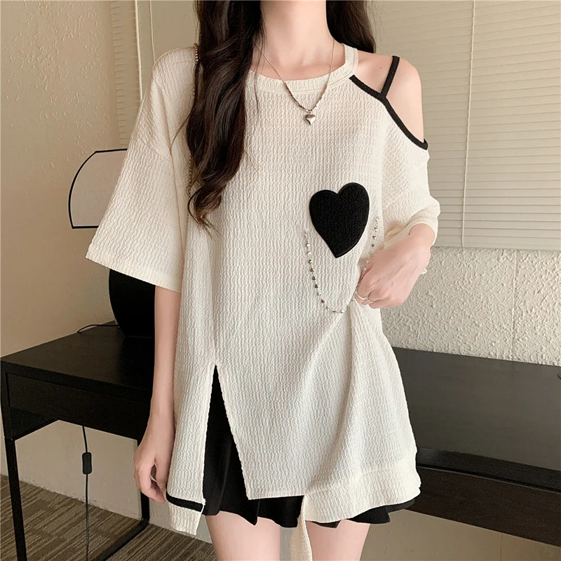 Summer Hem Fork Heart Print Short Sleeve Women T Shirts With Chain Irregular Cold Shoulder Sexy Fashion All-match 2xl Oversized