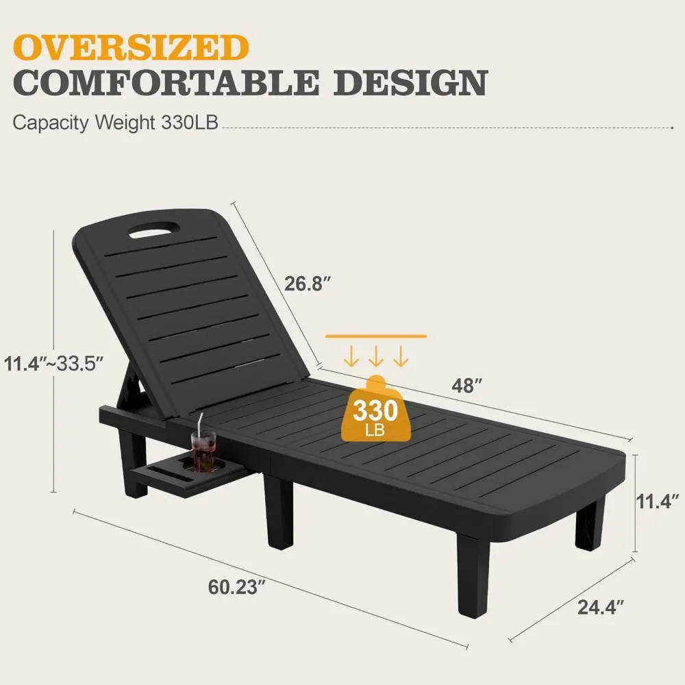 Outdoor Chaise Lounge Chair Set of 2, 5-Level Adjustment Backrest, Extra Widen with Cup Holder Easy Assembly, Sun Loungers