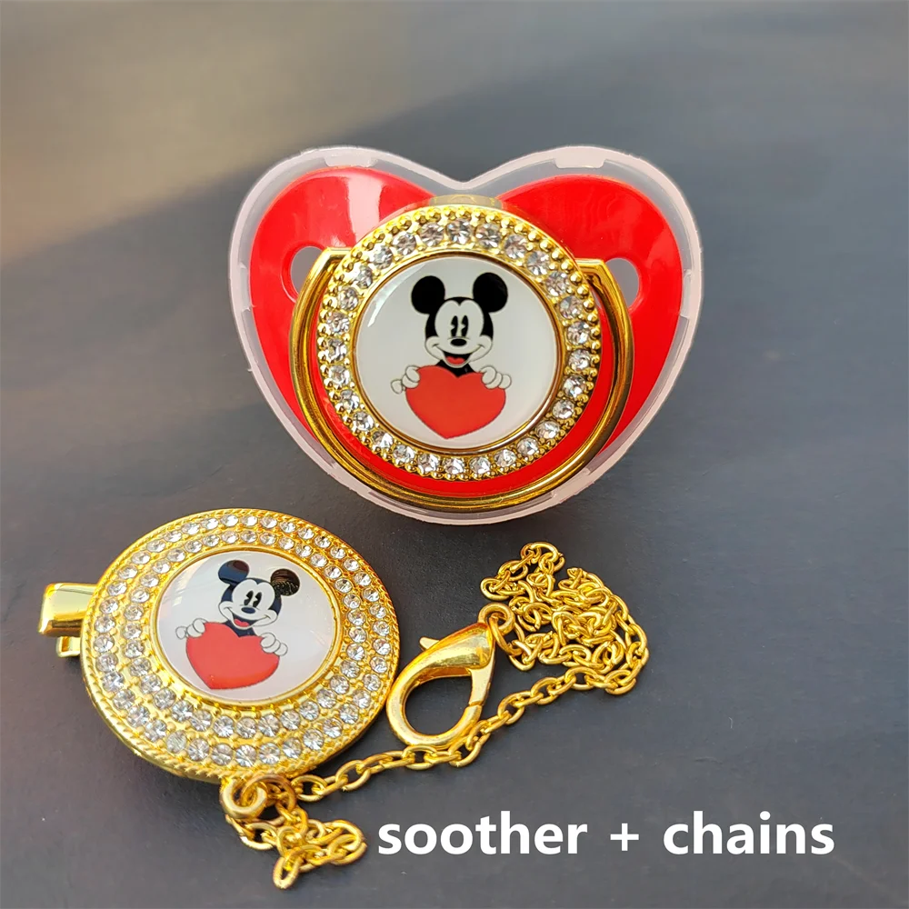 Disney Gold Bling Pacifier and Double Circle Rhinestones Holder Chains Mickey Mouse Print Chupeteors for Babies Boys Girls Gifts