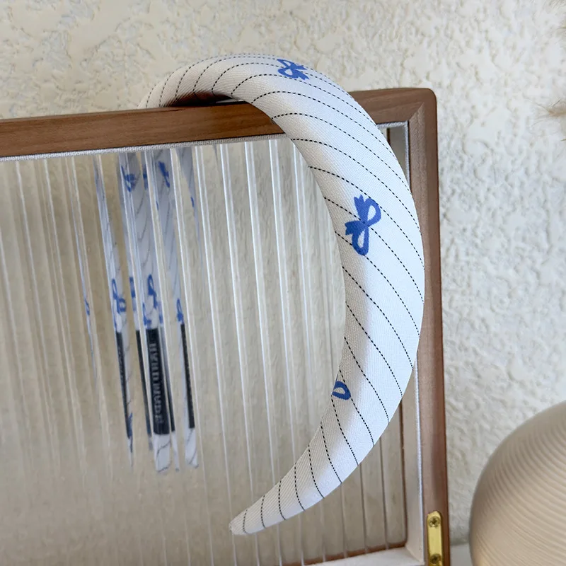 عصابة رأس إسفنجية على شكل فيونكة منقوشة باللون الأزرق للنساء والفتيات على طراز الكلية، عصابة رأس أنيقة وجميلة على الموضة الكورية بحافة واسعة #6