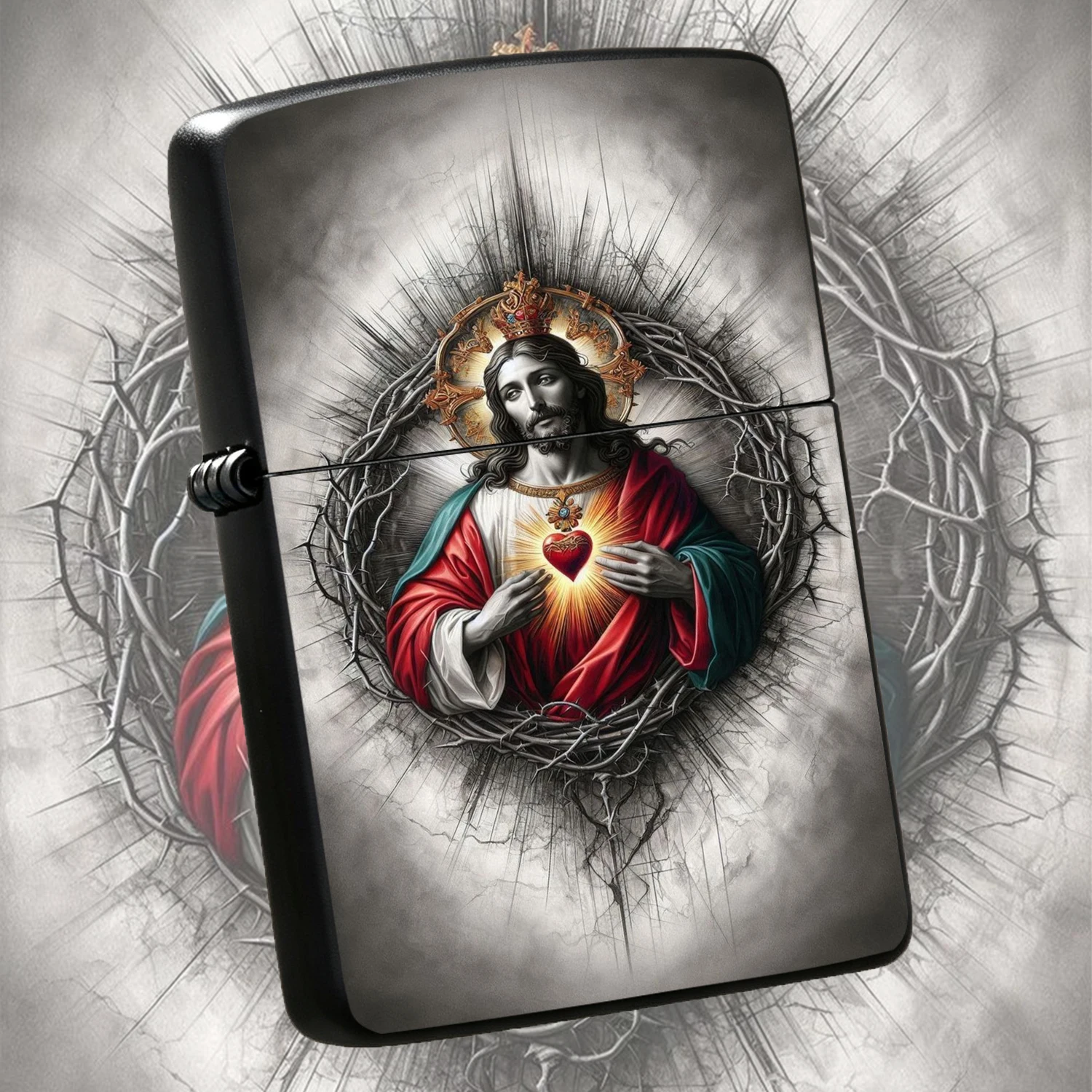 Vintage Sacred Heart Jesus Pattern Windproof, Classic Crown Of Thorns Holy Image Art Print Durable , Religious Belief Themed Collectible Ignition Tool, Ideal Gift For Devotees Daily Use A Fun And Humorous Lighter