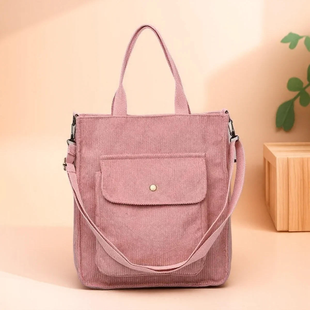 

Vintage Corduroy Shoulder Bag for Women Fashion Casual Tote Handbag with Zipper and Outside Pocket Student Bookbag Shopping Bags