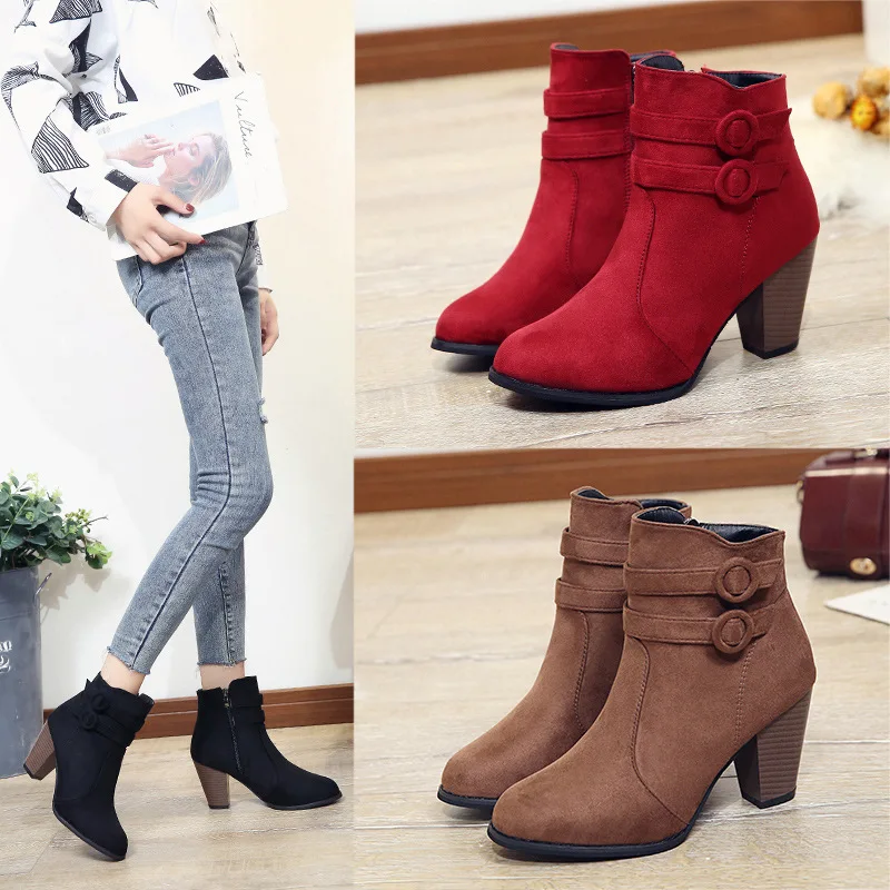 Retro Boots Women\'s Shoes Square Heel Woman High Shoe Rubber Ankle Female Solid Platform Short Boots Zapatillas Mujer size35-43