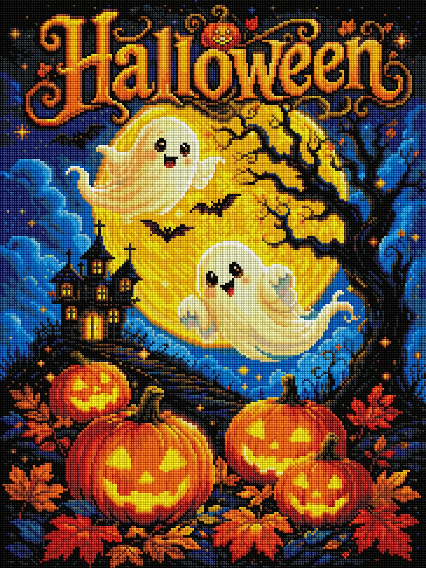 FOREVERYOUNG 5D Diamond Painting Kit Halloween Cute Ghost Full Moon Haunted House 45×60cm Square AB Fairy Dust Drill Wall Art.