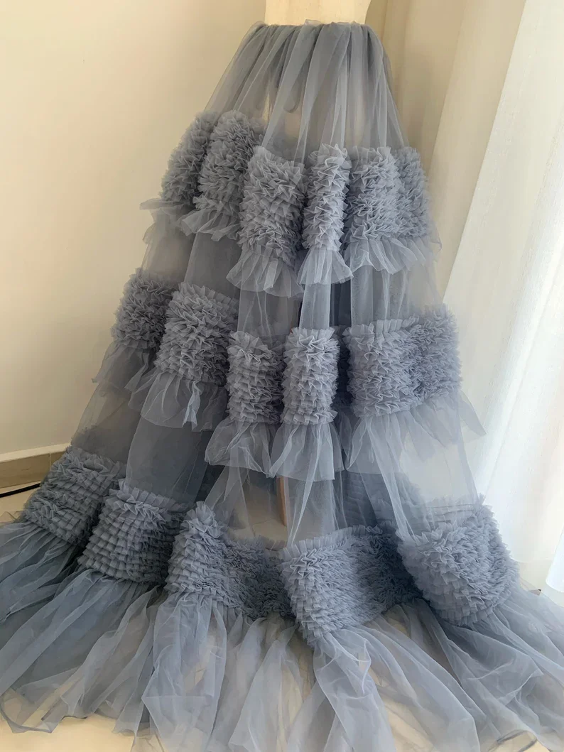 Real Picture Handmade Ruffles Trimmed See Thru Long Tulle Skirt A-line Long Tulle Women Skirt Bridal Skirt