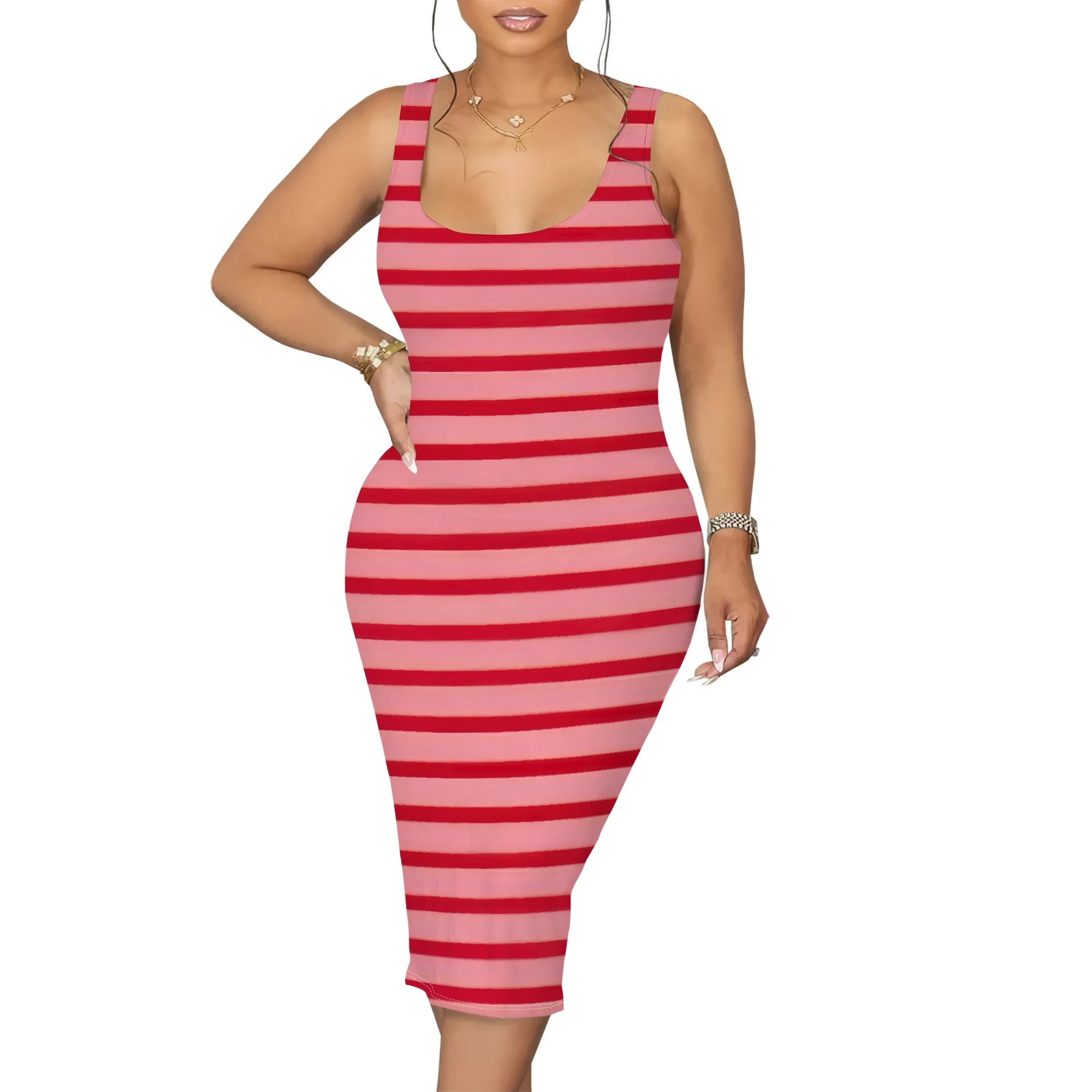 สตรี 2025 ฤดูร้อนลายแขนกุด Midi ชุดเข้ารูป Beach Sundresses