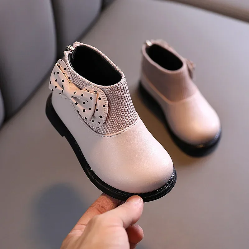 

Bow Polka Dot Girl's Short Boots Children Winter Warm Shoes Zipper Non Slip Round Toe Fashion Cute Outdoor Soft Sole Flat Shoes